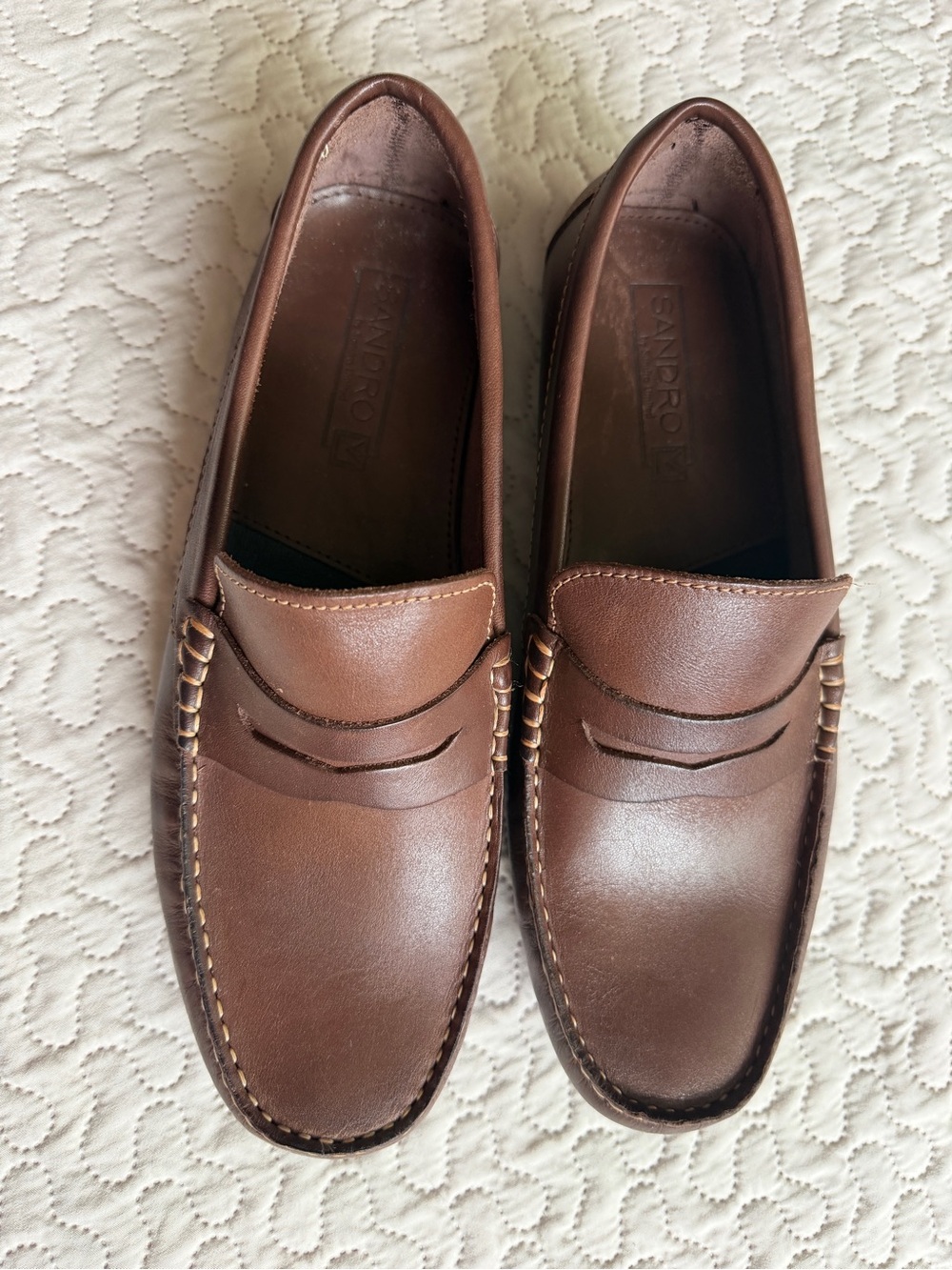 Sandro Men’s Chestnut Brown Leather Penny Loafers w/ Mocassin Stitching Size 10